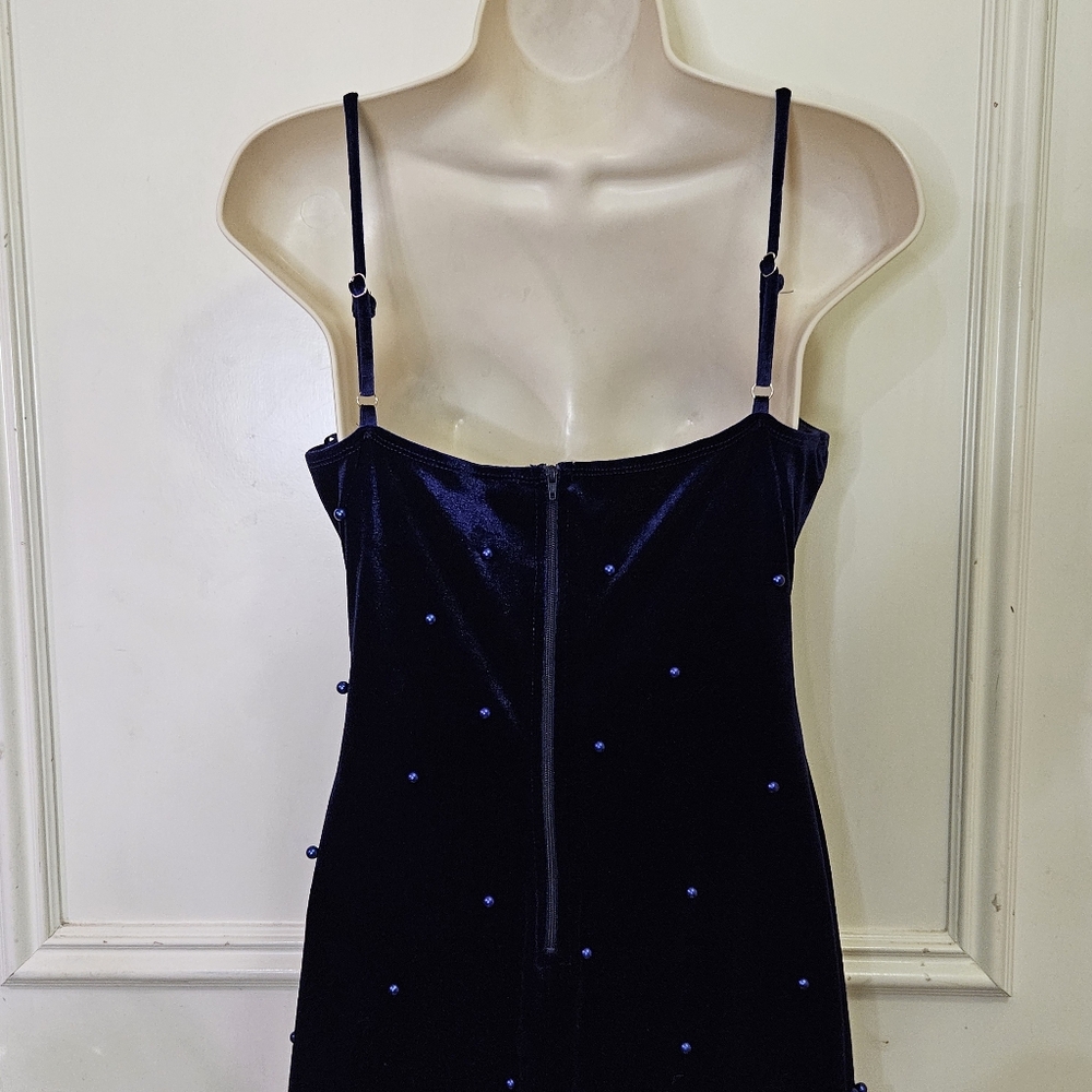 Windsor Navy Blue Velvet Beaded Embellished Asymmetrical Midi Dress,Large - Picture 12 of 16